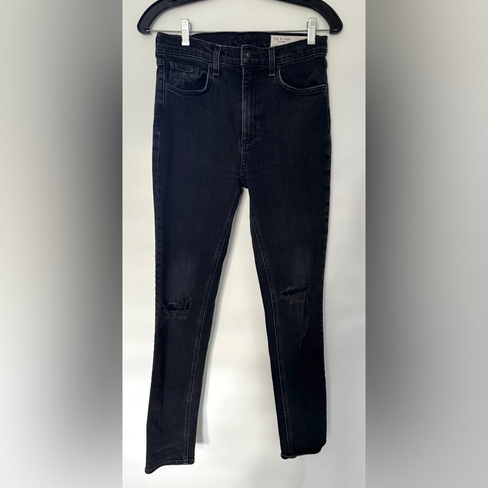 rag & bone High Rise Ankle Skinny Jeans - Distressed Black Acid Wash - Size 27